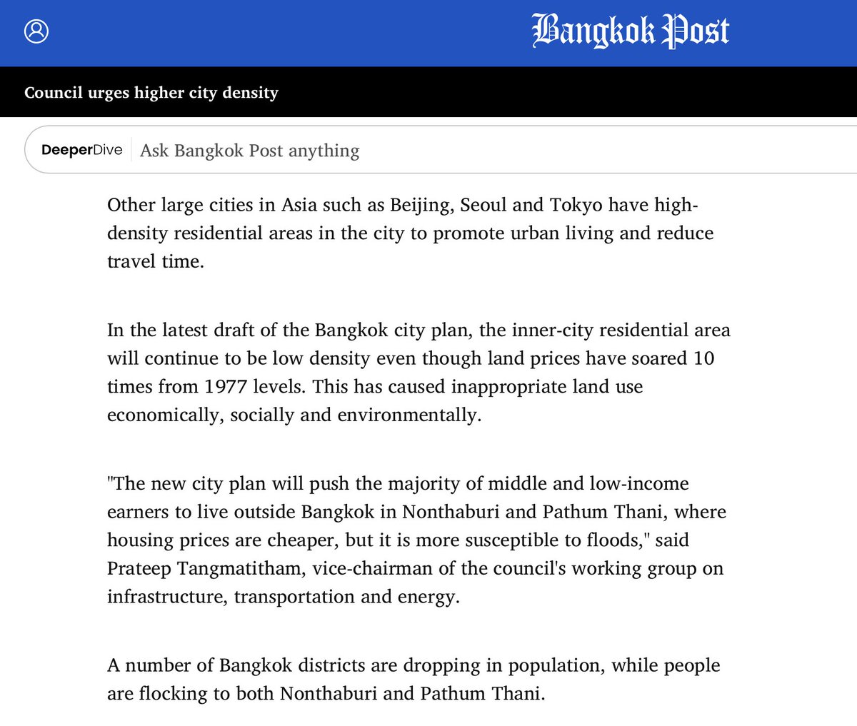 apinions_'s tweet photo. There is an overall excess supply of housing in Bangkok, but it's concentrated in areas where people don't want to live. The 2013 zoning plan - which was a disaster - explicitly aimed to reduce density in the city center and push people toward the suburbs in Nonthaburi and Samut Prakan.

Reporting from the Bangkok Post and The Nation in 2012 warned about the consequences: higher housing prices in central Bangkok and worsening traffic in suburban areas as people were pushed out.

Developers built low-cost housing where the plan mandated: outside the city center. But, demand was for city living, because that was where middle-class jobs were.

Today, there is an excess stock of low-cost housing in the suburbs, while vacancy rates in central areas are low. Housing sales are down because access to financing is restricted, mostly but not entirely caused by monetary policy errors.

The new zoning plan attempts to correct these mistakes. It allows for higher density along designated corridors and opens up commercial development near new transit nodes. YIMBY reforms will - amongst many things - make it legal to build starter homes.