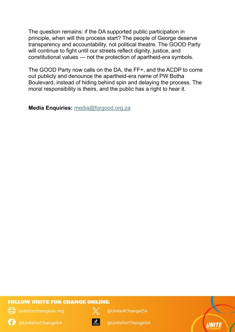 ForGoodZA's tweet photo. The DA opposed our motion to rename PW Botha Boulevard, despite backing the same process in principle. Their spin delays justice.
PW Botha was a killer. His name has no place on our streets. George deserves dignity, not political theatre.
#GOODParty #UniteForChange #RenamePWBothaBoulevard