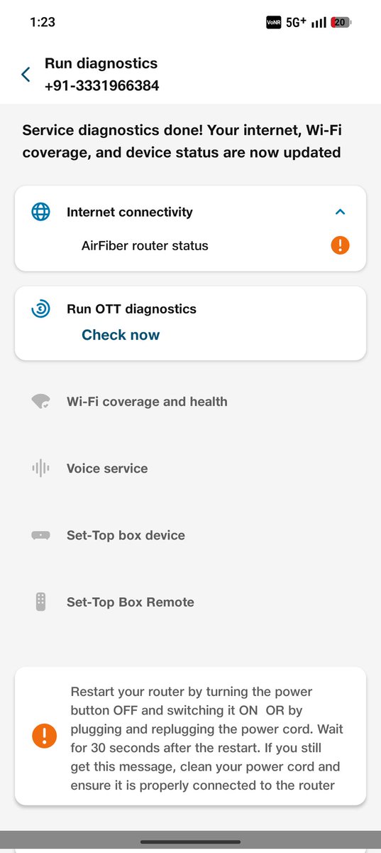 1/4 

<a href="/JioCare/">JioCare</a> Has become a absolute thieving and scamming company to deal with. They installed airfiber connection for me. The speed is as bad as a 4g network from day 1. In app diagnostics is as bad as their on call support.  App diagnostics keeps on asking to restart router..