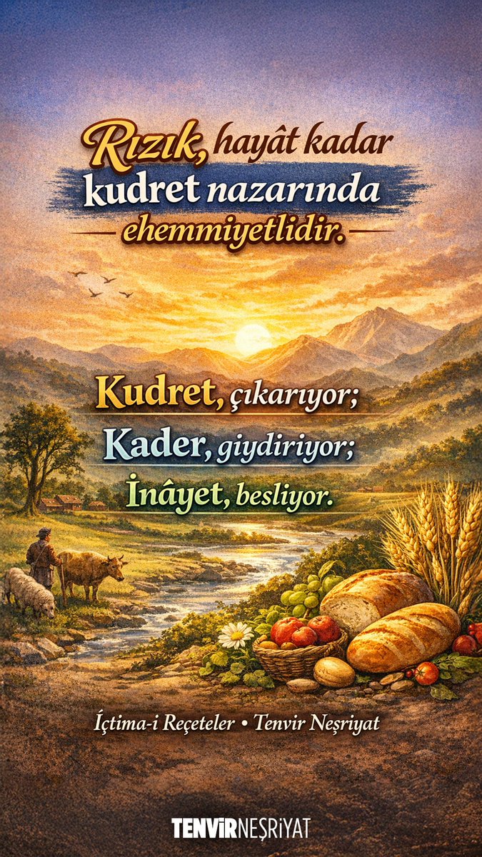 tenvirnesriyat's tweet photo. #Rızık, #hayât kadar #kudret nazarında ehemmiyetlidir.
#Kudret, çıkarıyor; #kader, giydiriyor; #inâyet, besliyor.
İçtima-i Reçeteler
Tenvir Neşriyat
#HayırlıCumalar https://t.co/PoZiy7n8oD