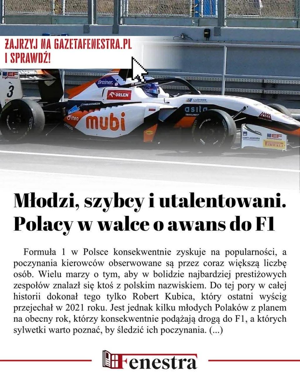FenestraUAM's tweet photo. Polacy w walce o awans do F1?  Młodzi kierowcy coraz śmielej wchodzą na międzynarodową scenę. Bartosz Dworczak w swoim artykule przedstawia tych, którzy mogą namieszać w tym sezonie. przyszłych bohaterów polskiej F1!
#fenestra #twoje_okno_na_świat #gazeta #sport #F1 https://t.co/8ErvJ6eTw6