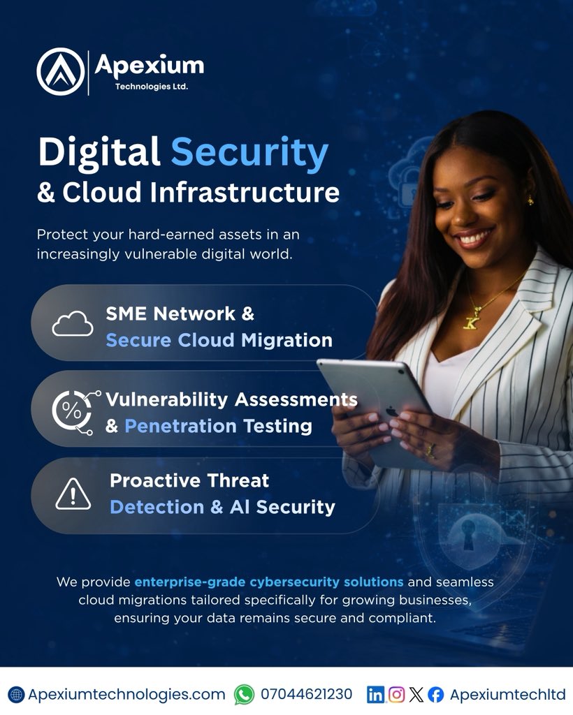 ApexiumTechLtd's tweet photo. Secure your business the smart way 

Cloud migration, threat detection &amp; cybersecurity all in one place.

#CyberSecurity #CloudSecurity #Apexium #TechSolutions https://t.co/3E1ie2Ee5T