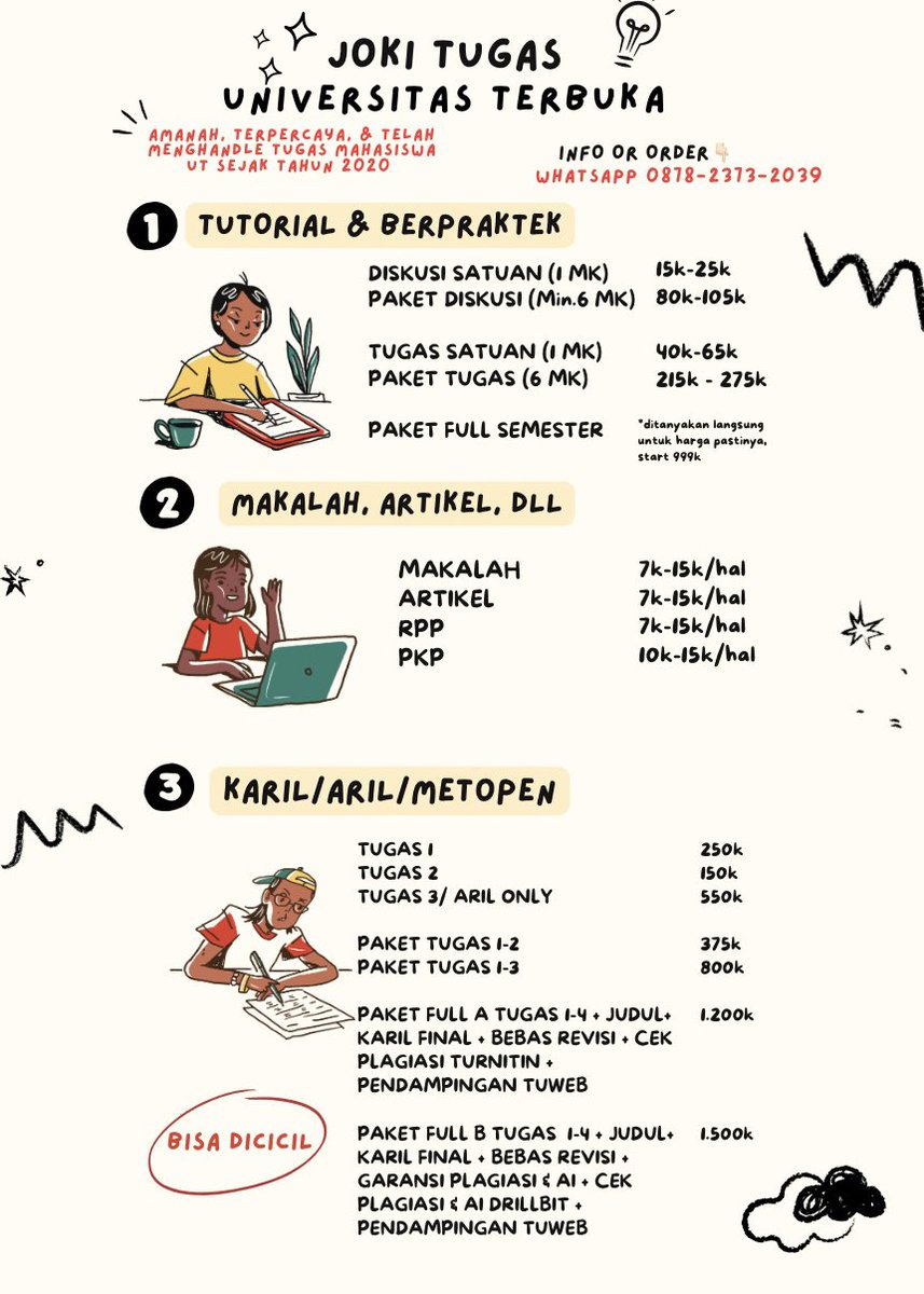 jokitugasdulu's tweet photo. 🚀 Jasa Joki Tugas Mahasiswa UT Terlengkap📝

📌 Diskusi Tuton
📌 Tugas Tuton: 
📌 Aril/Karil/Metode Penelitian/Praktek
📌 Makalah Essay Paper
📌 RPP, PKP, PKM, PTK

📲 https://t.co/tfhH5tJeT5
#zonauang #mahasiswaut #jokikarilut #jokituton #univterbuka https://t.co/TQYc5Qo19Y