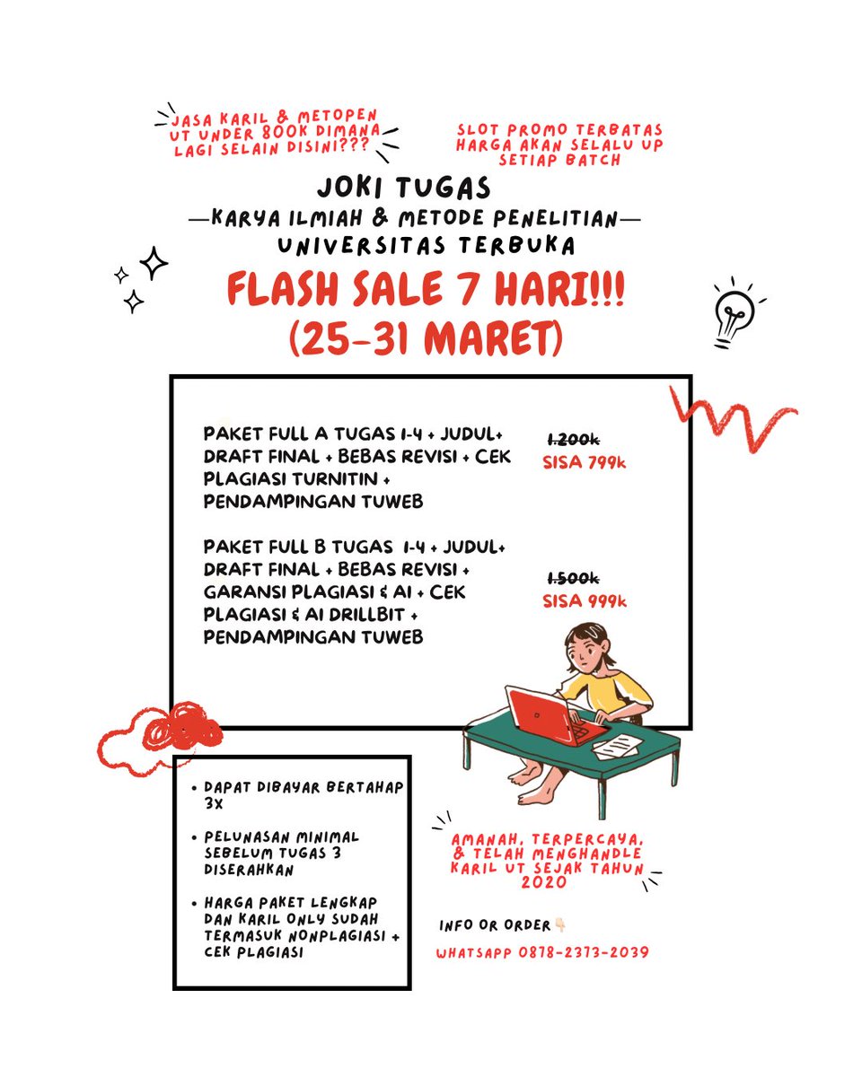jokitugasdulu's tweet photo. 🚀 Jasa Joki Tugas Mahasiswa UT Terlengkap📝

📌 Diskusi Tuton
📌 Tugas Tuton: 
📌 Aril/Karil/Metode Penelitian/Praktek
📌 Makalah Essay Paper
📌 RPP, PKP, PKM, PTK

📲 https://t.co/tfhH5tJeT5
#zonauang #mahasiswaut #jokikarilut #jokituton #univterbuka https://t.co/TQYc5Qo19Y