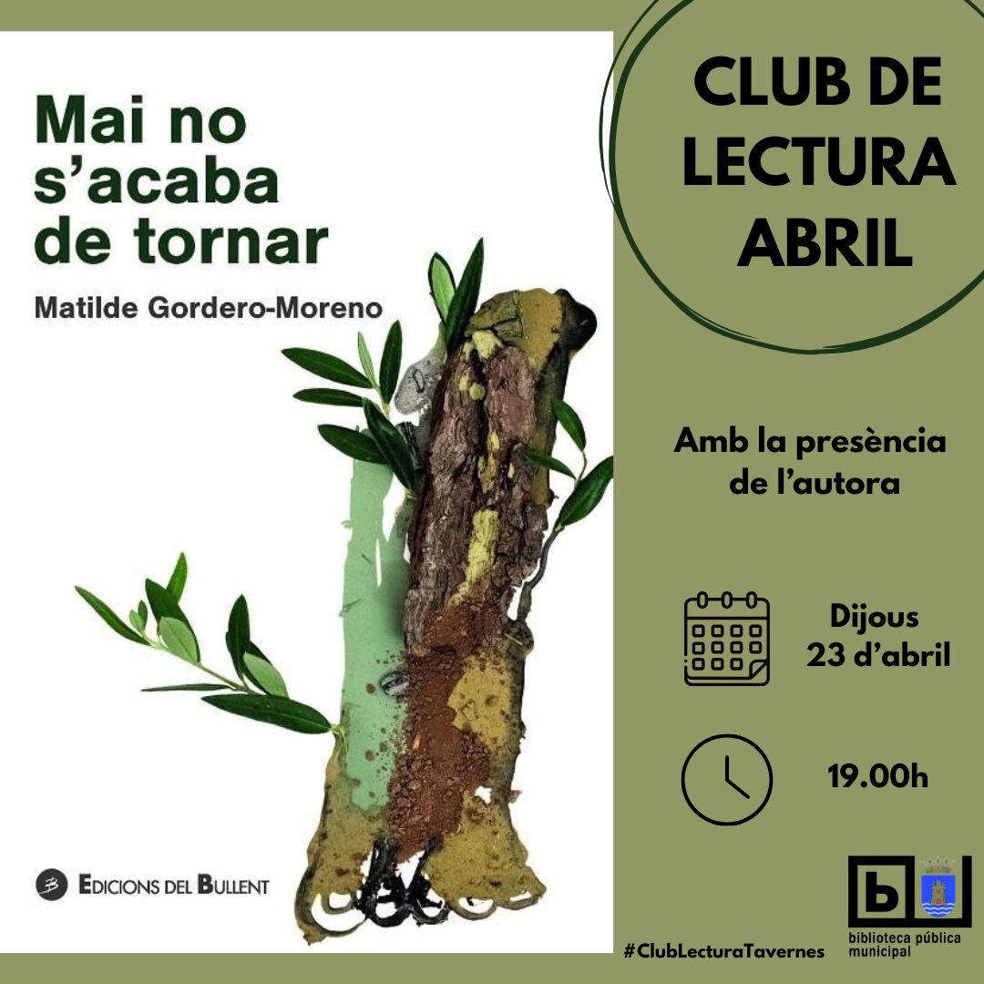 El dijous 23 d’abril a les 19.00 h vos esperem al Club de Lectura per comentar el llibre Mai no s’acaba de tornar, amb la presència de la seua autora, Matilde Gordero-Moreno. 📚