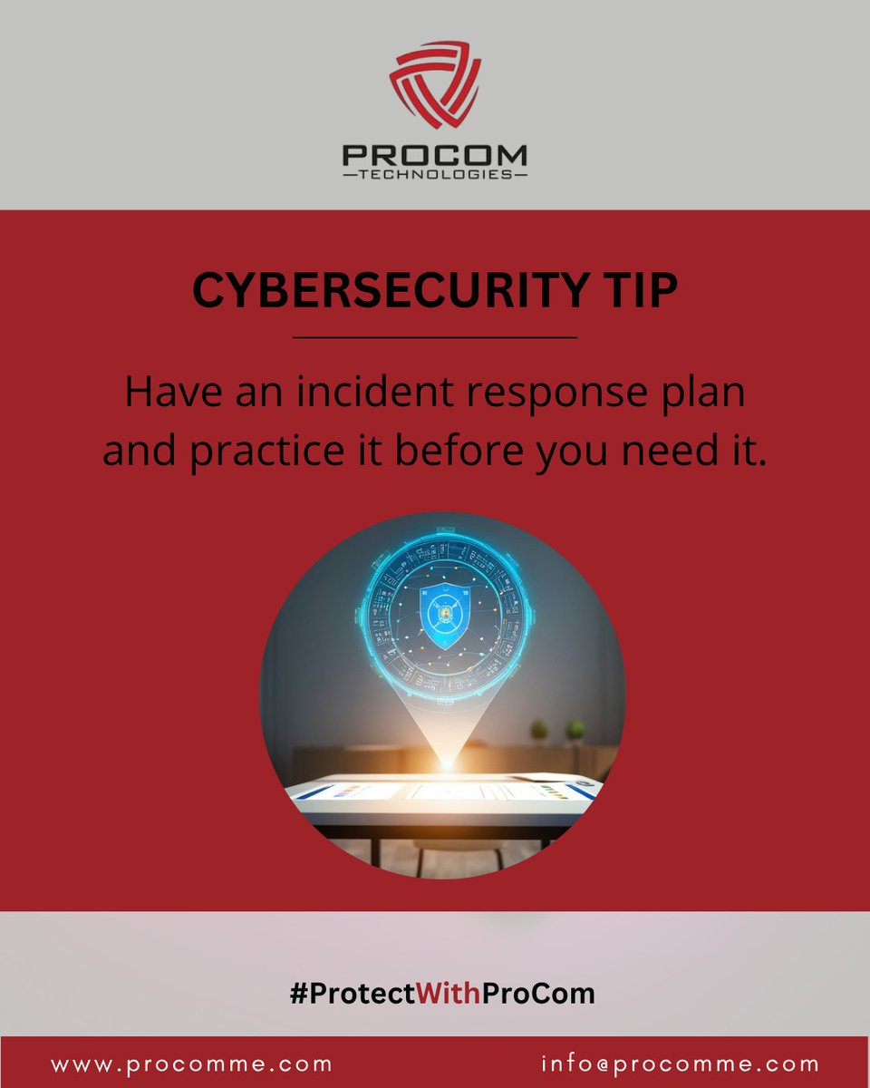 ProcomTech786's tweet photo. A plan is only useful if it’s tested. When a cyber incident hits, preparation makes all the difference between disruption and control. 🔐

Stay ready. Stay resilient. With @ProcomTech786.

#CyberSecurity #IncidentResponse #CyberResilience #InfoSec #ProtectWithProCom https://t.co/f9L95w5j3j