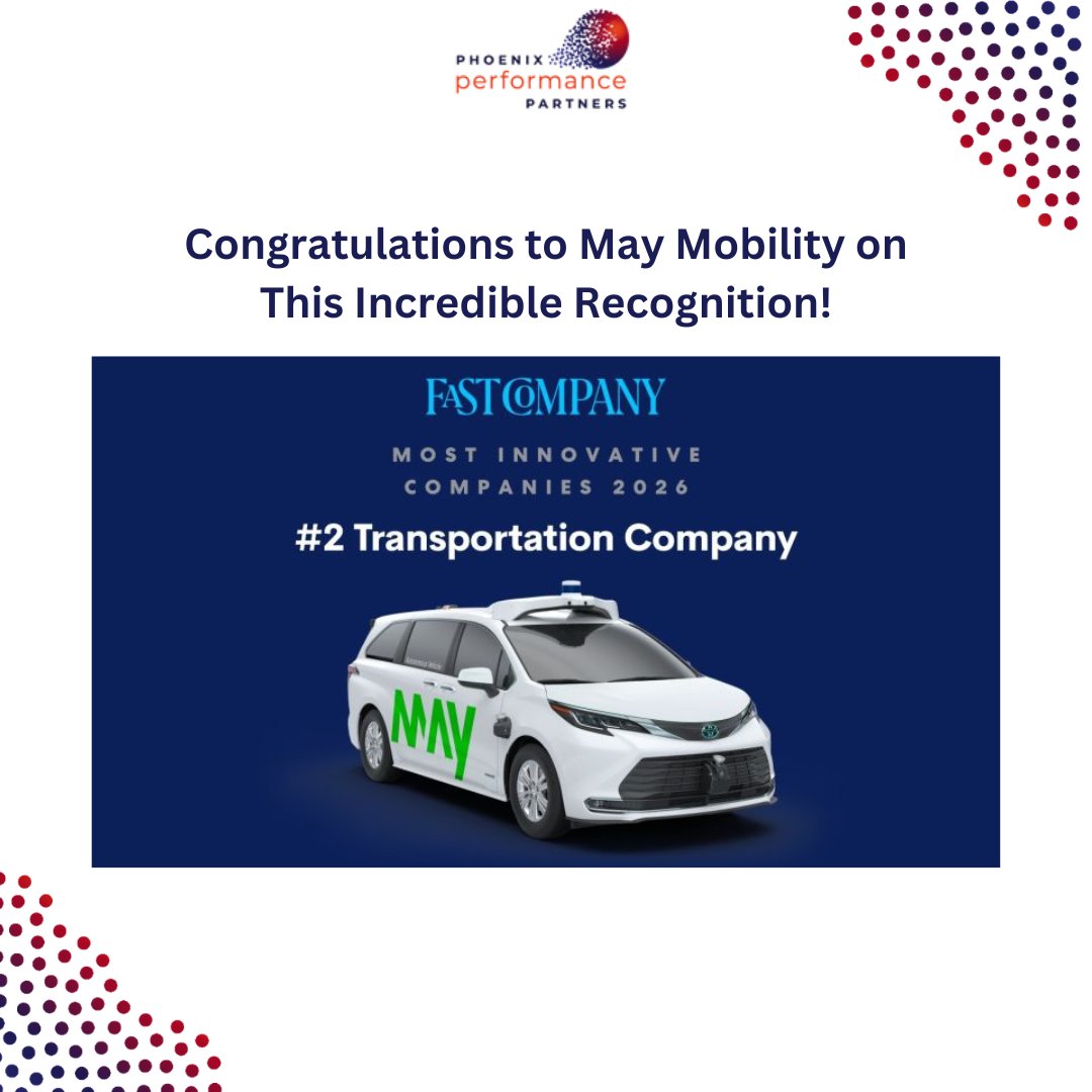 phoenixperforms's tweet photo. Big Congratulations to May Mobility!

We’re proud to celebrate this achievement one of our partners, Edwin Olson, CEO and Founder at May Mobility, as the company is named Fast Company’s #2 Most Innovative Company of 2026 in the Transportation category. https://t.co/qZfz2M4Snf