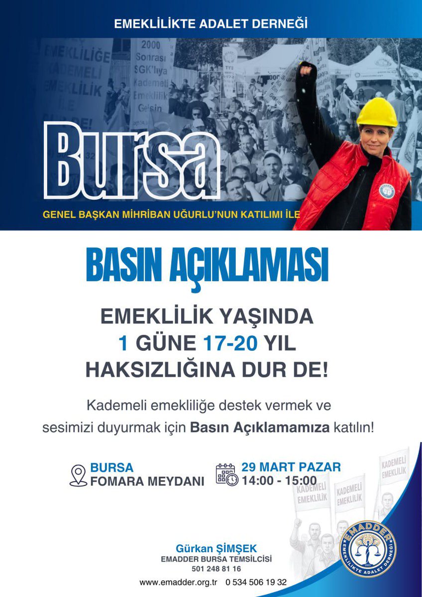 Kademeli Emeklilik çağrısı görmezden gelinemez. Bursa’da yapılan basın açıklamasında dile getirilen çağrının yanındayız.
Emeklilikte Adalet Derneği’nin yanında, vatandaşımızın yanındayız.
Adalet gecikmez, geciktirilmez.
<a href="/EmadDernegi/">EMEKLİLİKTE ADALET DERNEĞİ ⚖️</a>
<a href="/AFYON_EMADDER/">HASAN DEMİR</a>
<a href="/Coskun_Emad/">Coşkun Erol#EMAD ⚖️</a> #Kademe43tenBaşlar