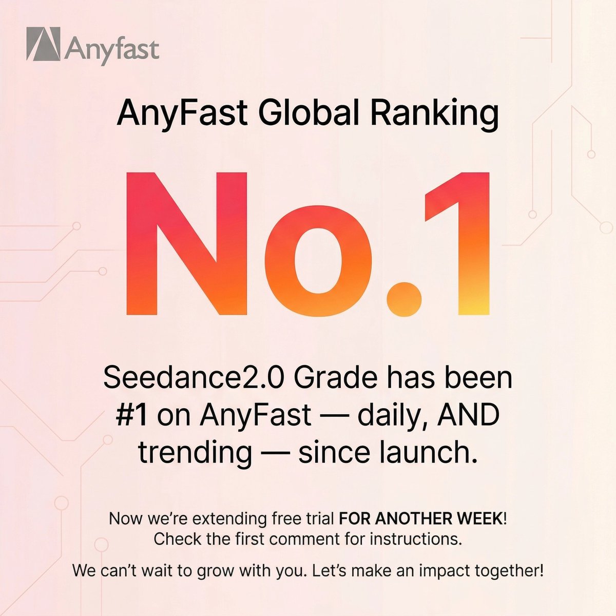 anyfast66150's tweet photo. 🔥Seedance2.0 Grade has been #1 on AnyFast — daily, AND trending — since launch.

Now we're extending free trial FOR ANOTHER WEEK!

Check the first comment for instructions.
#seedance #AIshorts https://t.co/rJxEEO2t4L