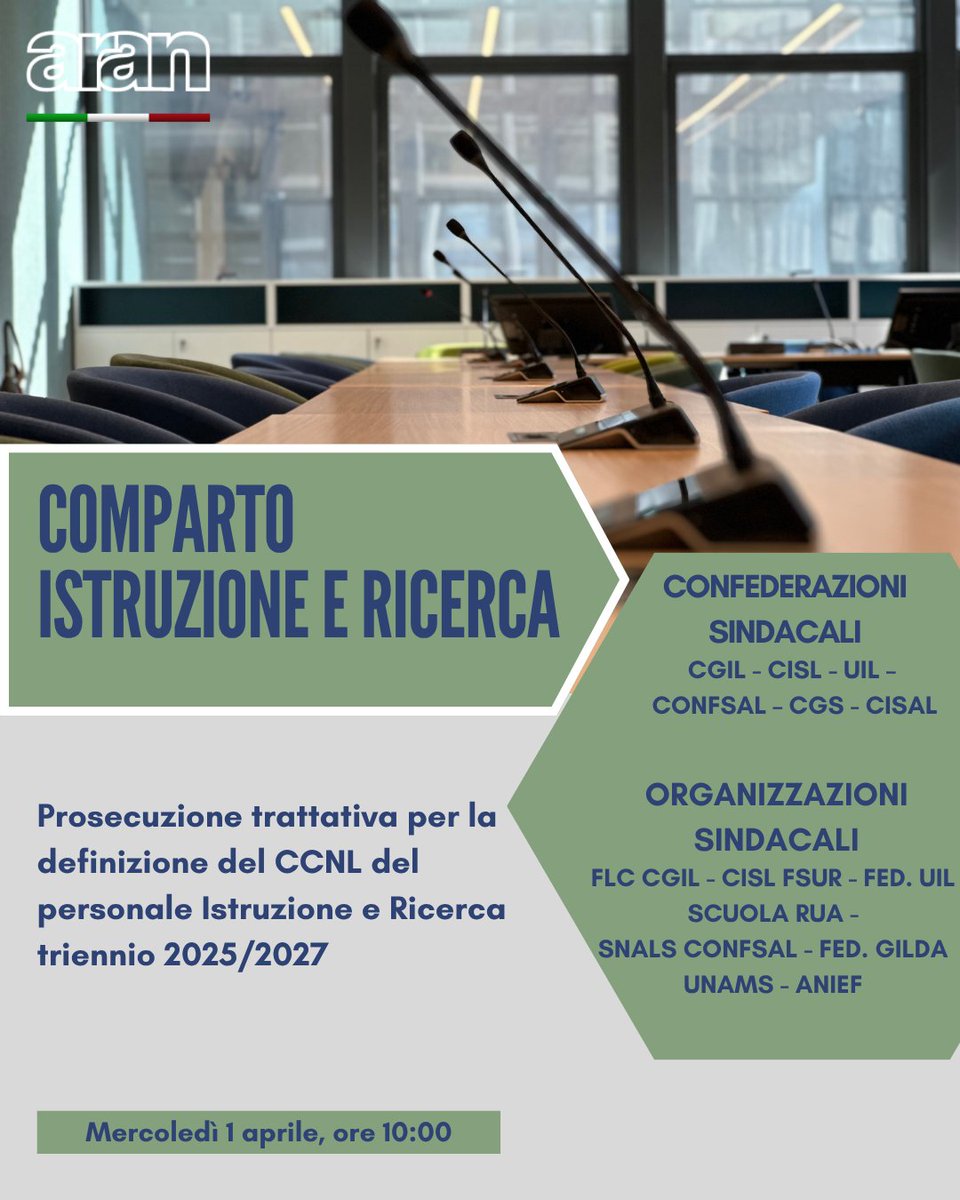 aran_agenzia's tweet photo. @aran_agenzia ha convocato Confederazioni e Organizzazioni #sindacali per #prosecuzione #trattativa per il rinnovo del #CCNL del #personale comparto #Istruzione e #Ricerca - triennio 2025/2027

📆 Mercoledì 1 aprile ⏰ ore 10:00 https://t.co/16YkCEllLe