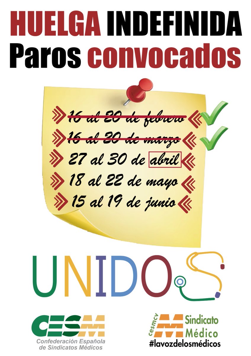 Los médicos SEGUIMOS parando una semana al mes. ABRIL.
🧑🏼‍⚕️👨🏻‍⚕️Seguimos UNIDOS POR UN ESTATUTO PROPIO.
📌La movilización no se detiene.
💪🏻La fuerza está en los médicos.
🗣️La huelga continúa.
🥼Nuestra voz no la callan.
#CESM #MédicosEnLucha #unidos
<a href="/cesm_sindicatos/">CESM</a> <a href="/Estatuto_Medico/">ESTATUTO MEDICO YA</a>