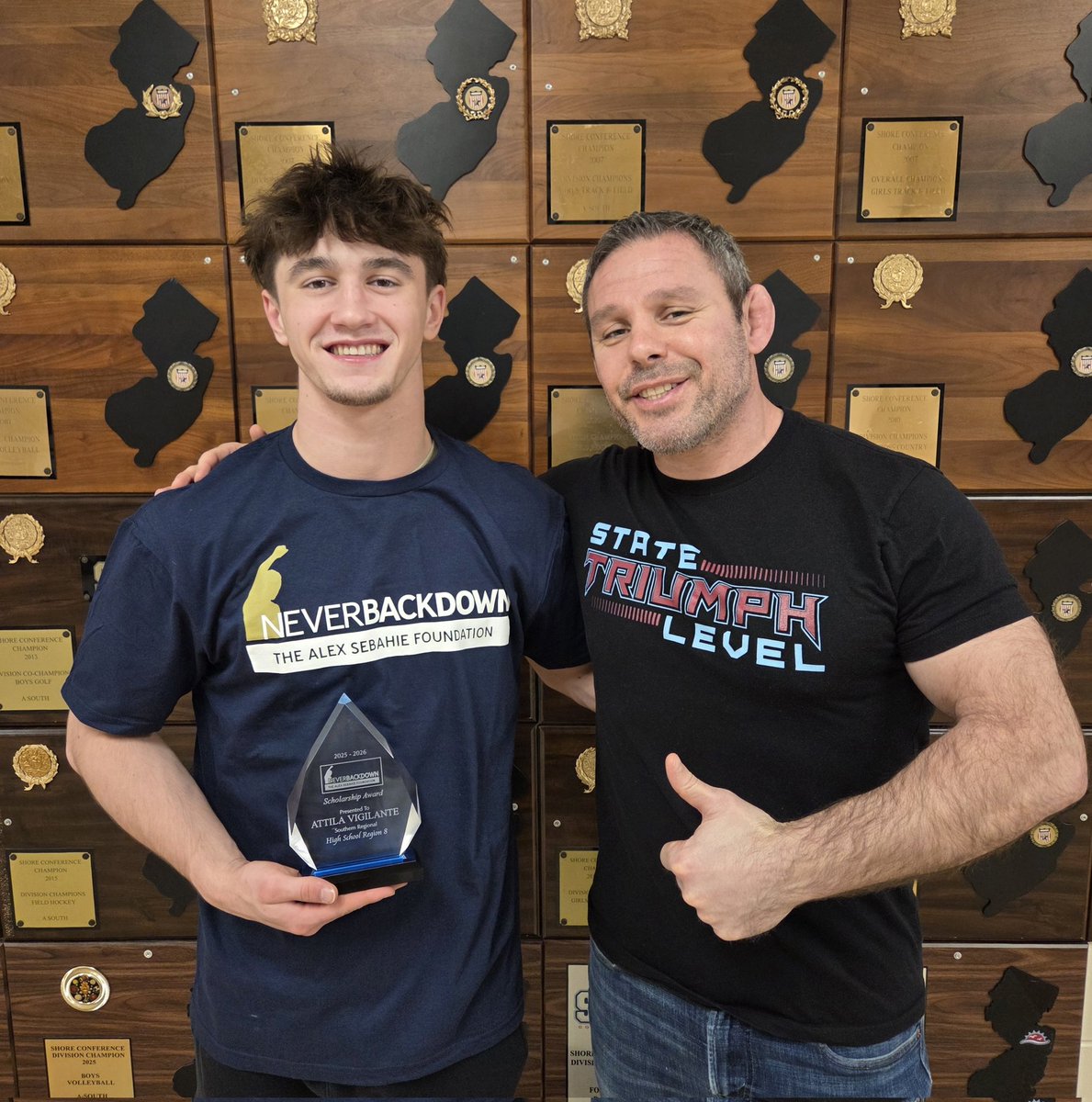 DonohueJr's tweet image. Congratulations, Southern Wrestling, Atilla Vigilante on being named the Alex Sebahie - Never Back Down Foundation Regional Scholarship Award winner. Atilla is pictured with Southern Regional Head Coach Dan Roy. 

#RamPride🐏🤼‍♂️🖤💛🇺🇲
#HSLive @tapintostaffordlbi @biggysandpaper
