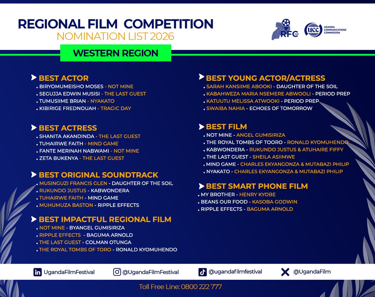 bendizhodouglas's tweet photo. WESTERN UGANDA NOMINEES 
Here are the 7 categories for Western Regional Film Competitions 2026. The award ceremony is happening this afternoon Hoima.

Congratulations and good luck to all the nominees.

#RFC2026
#MakingUgFilmsFamous 
@UCC_Official @ConsumerUCC @UgandaFilm @MultiChoiceGRP @cinemaUGApp