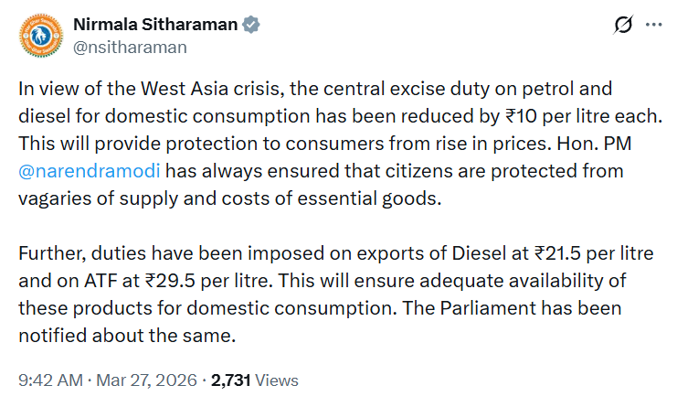 पेट्रोल और डीज़ल की कीमतों को लेकर केंद्र की मोदी सरकार द्वारा विशेष अतिरिक्त उत्पाद शुल्क में की गई कटौती आम जनता को राहत देने वाला सराहनीय कदम है।

इस जनहितकारी निर्णय के लिए आदरणीय प्रधानमंत्री श्री <a href="/narendramodi/">Narendra Modi</a> जी का हार्दिक आभार।
<a href="/BJP4Himachal/">BJP Himachal Pradesh</a> <a href="/BJP4India/">BJP</a>