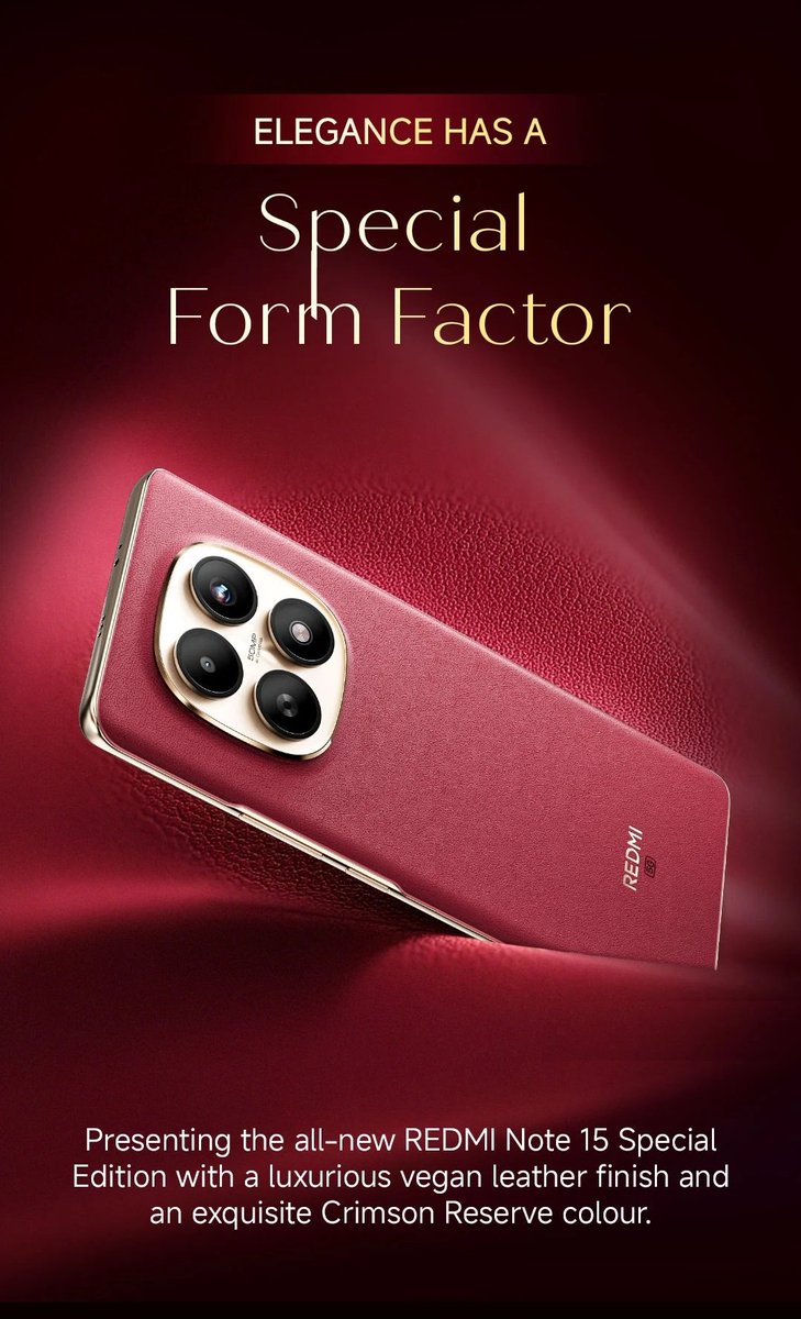 BamnawatAjayraj's tweet image. First look of REDMI Note 15 5G ❤️ Special Edition with vegan leather back is out now..
#REDMI #REDMINote155G 
#REDMINote15SE
@RedmiIndia @pixelwithme 
@s_anuj @sandeep9sarma