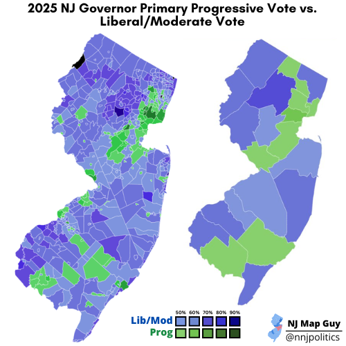 nnjpolitics's tweet photo. 2025 NJ Governor Primary Progressive Vote (Baraka + Fulop + Spiller) vs. Liberal/Moderate Vote (Sherrill + Gottheimer + Sweeney) by municipality and county

Liberal/Moderate - 52.7%
Progressive - 47.3%

*Do not extrapolate this data. This is just a fun map to look at* https://t.co/QGCjHtR0kU