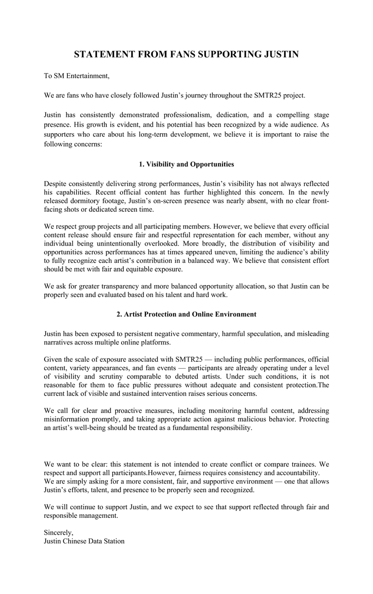 EudemonJJ's tweet photo. Official Statement from Justin Chinese Data Team

We are raising concerns regarding Justin’s representation and protection within #SMTR25. @SMTR25_official 

1️⃣ Visibility: Justin’s visibility has not consistently reflected his capabilities. Recent official content further highlights this concern. We ask for fair and consistent visibility across all contents.

2️⃣ Protection: Proactive measures are needed to ensure a safe and supportive online environment for all artists.

Full statement below. 👇

#JUSTIN  #JUSTINJAY