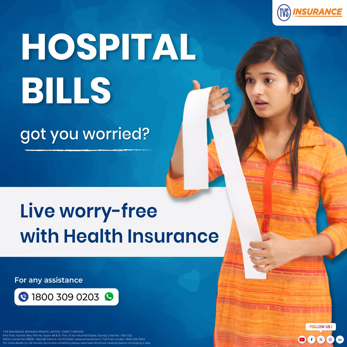 TVS_Insurance's tweet image. Hospital Bills got you worried?

Switch to a worry-free life with the right Health Insurance.

Because your health matters… and so does your money. 🛡️

📞 Call / WhatsApp: 1800 309 0203

#TVSInsurance #InsuranceForAll #HealthSecurity #SmartPlanning #StaySafeStayInsured