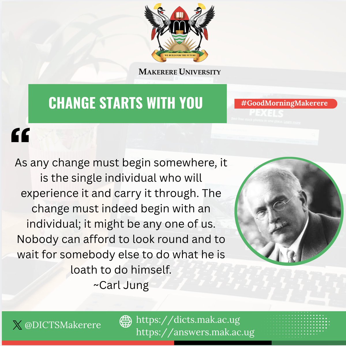 DICTSMakerere's tweet photo. It's a rainy morning @Makerere hill.
Nonetheless, rain or sun, #BuildingForTheFuture must continue.
Be inspired by Carl Jung:
"The change must indeed begin with an individual; it might be any one of us."
To the innovator, dreamer, planner, investor, doctor, etc.
Good morning. https://t.co/zHH5ekk9hA