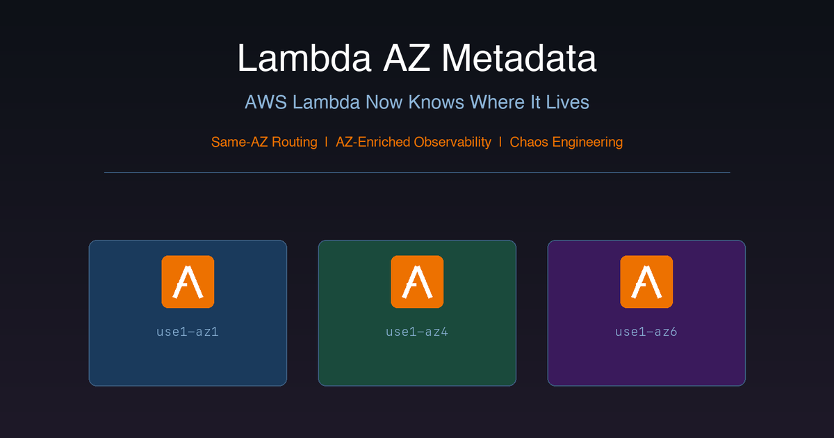 RDarrylR's tweet image. I wrote a blog post exploring the new #Lambda AZ #metadata endpoint that #AWS recently shipped. I wanted to understand what you could actually do with it, so I built a demo app with three practical use cases using Powertools for observability throughout.

The post covers