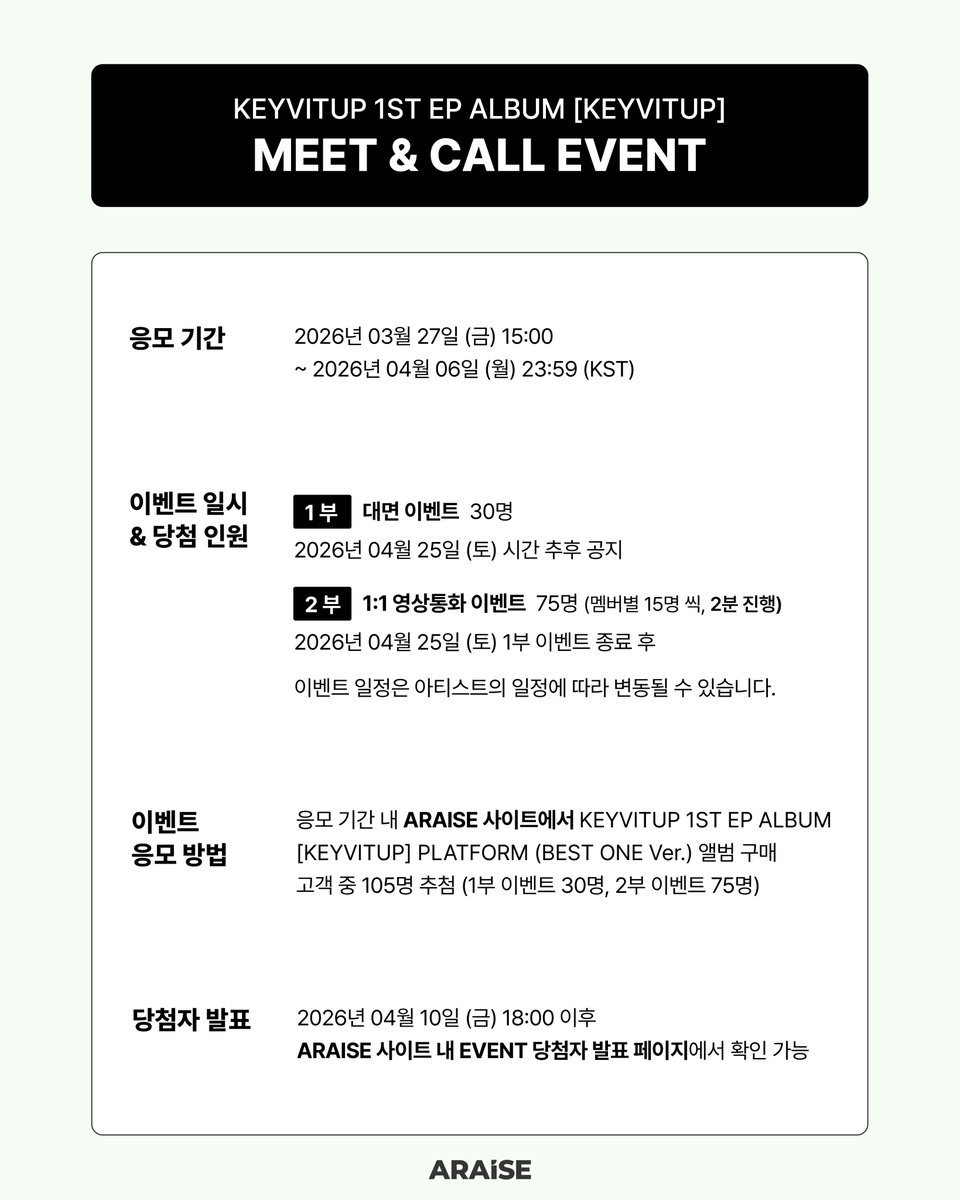 araise_shop's tweet photo. KEYVITUP (키빗업) 1ST EP ALBUM [KEYVITUP]
MEET &amp; CALL EVENT

🗓 이벤트 일시 : 26.04.25 (토) 시간 추후 공지

🇰🇷 - https://t.co/gR7PrlYfcA
🌐 - https://t.co/Zrm0O0Cj8m

#KEYVITUP #키빗업 https://t.co/ssCdzt2R0Z