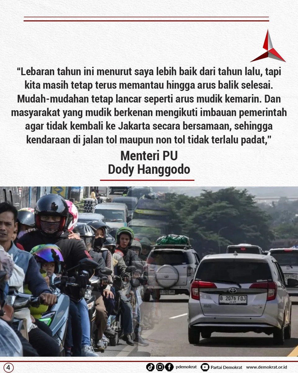 Demokrat_TV's tweet photo. Menteri Pekerjaan Umum sekaligus Wakil Ketua Umum Partai Demokrat, Dody Hanggodo, menegaskan bahwa arus mudik dan arus balik Lebaran 2026 berjalan relatif lebih lancar dibandingkan tahun sebelumnya.

Hal ini merupakan hasil dari sinergi kuat berbagai pihak: kesiapan infrastruktur, rekayasa lalu lintas, hingga dukungan kebijakan pemerintah seperti Work From Anywhere (WFA) yang membantu pemerataan waktu perjalanan masyarakat.

Pemantauan dan evaluasi terus dilakukan hingga seluruh rangkaian arus balik selesai, demi memastikan masyarakat dapat mudik dengan aman, nyaman, dan selamat sampai tujuan.

#menteripu #dodyhanggodo #arusmudik #lebaran2026