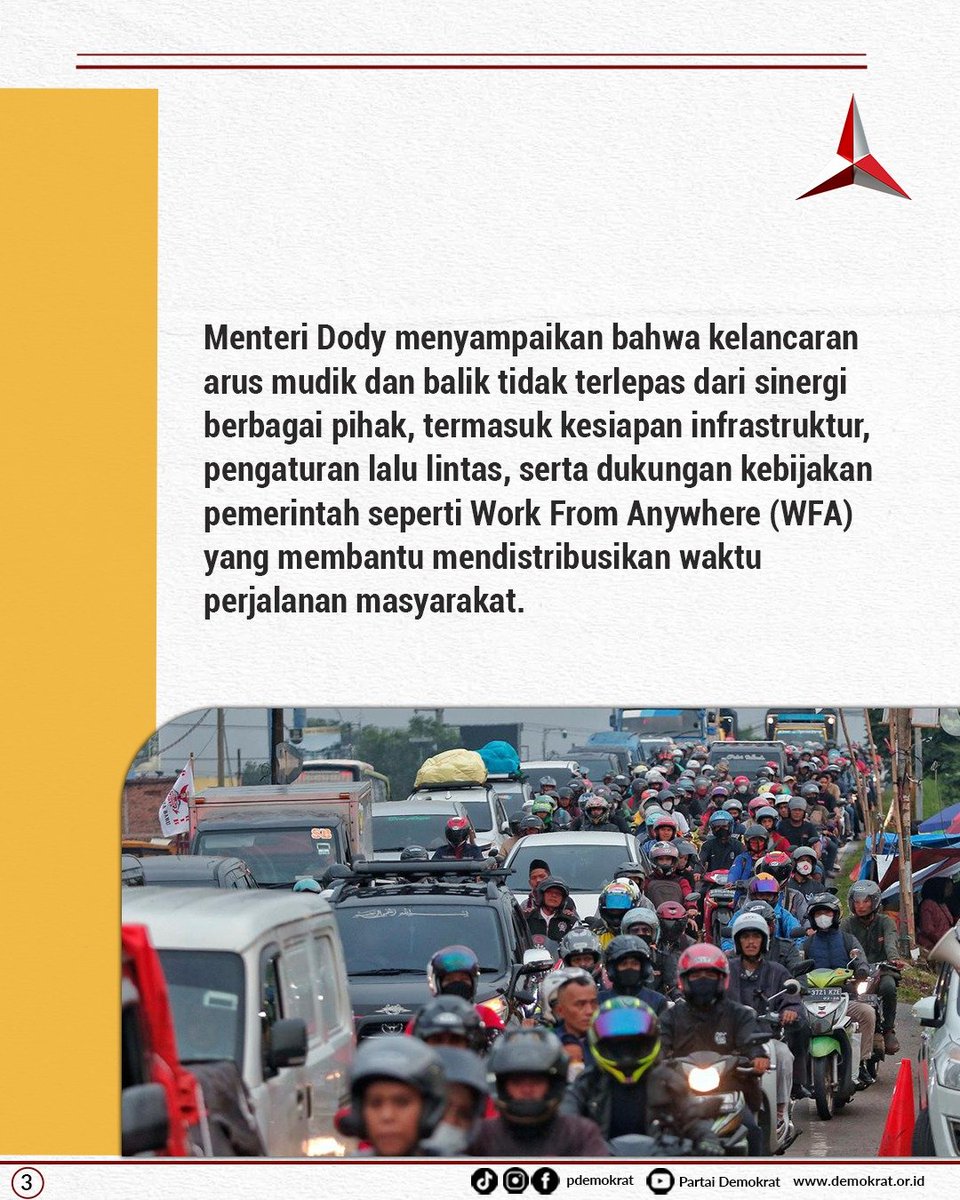 Demokrat_TV's tweet photo. Menteri Pekerjaan Umum sekaligus Wakil Ketua Umum Partai Demokrat, Dody Hanggodo, menegaskan bahwa arus mudik dan arus balik Lebaran 2026 berjalan relatif lebih lancar dibandingkan tahun sebelumnya.

Hal ini merupakan hasil dari sinergi kuat berbagai pihak: kesiapan infrastruktur, rekayasa lalu lintas, hingga dukungan kebijakan pemerintah seperti Work From Anywhere (WFA) yang membantu pemerataan waktu perjalanan masyarakat.

Pemantauan dan evaluasi terus dilakukan hingga seluruh rangkaian arus balik selesai, demi memastikan masyarakat dapat mudik dengan aman, nyaman, dan selamat sampai tujuan.

#menteripu #dodyhanggodo #arusmudik #lebaran2026