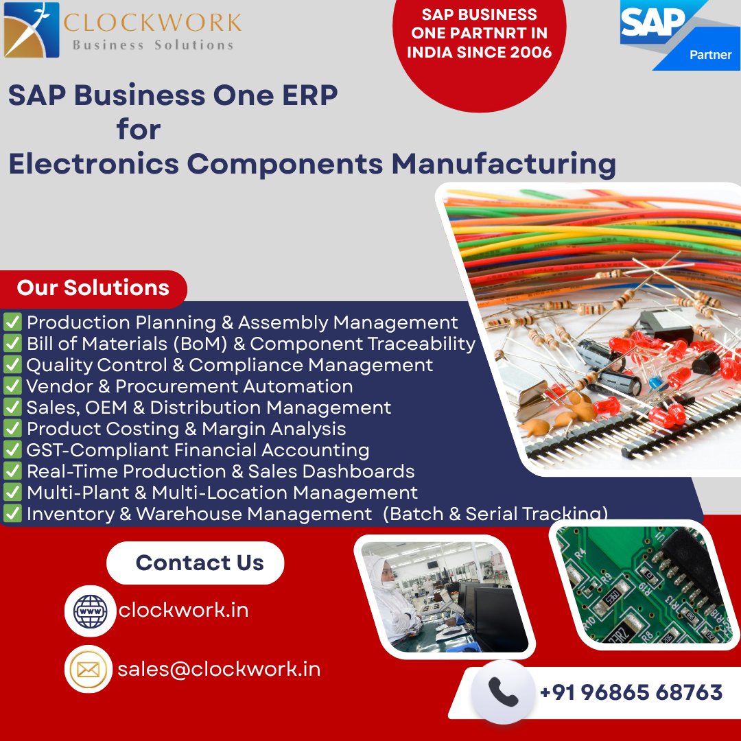 Clockwork2013's tweet photo. Digitize your electronics manufacturing business with SAP Business One from Clockwork

📞+91 96865 68763
📧sales@clockwork.in
🌐https://t.co/roRcjAW98x

#ElectronicsManufacturing #ComponentManufacturing #ManufacturingERP
#BoMManagement #InventoryControl #GSTAccounting https://t.co/0B6lTVFX3G