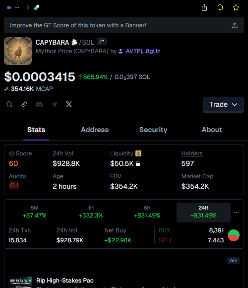 xvic_kn's tweet image. Called it EARLY on $CAPYBARA! 🚀  
Entry: $16.6k  
Now: $367.6k 💰  
22.2X PROFIT! 🔥  
  
“Price is what you pay, value is what you get.” – Warren Buffett 💡  
Stay sharp, degen kings! #CryptoGains #NeverLate

👉 #CAPYBARA called at: t.me/evasdip/60649
📈 Chart: