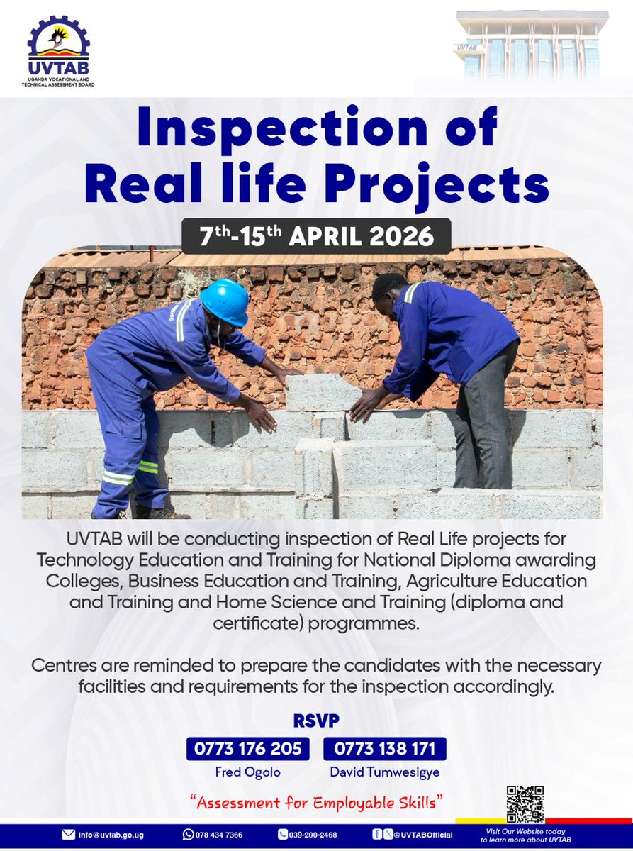 UVTABOfficial's tweet photo. Upcoming Activity: Kindly be informed about the Inspection of Real life projects for the respective programmes and fields.
Duration: 7th-15th April 2026
#UVTABUpdates #RealLifeProjects #TVETAssessment https://t.co/BGZAcvX6JC