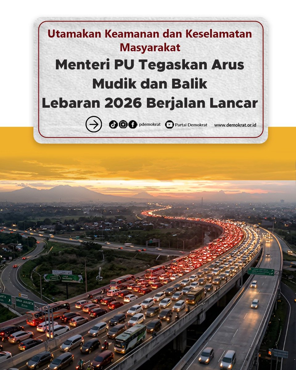 Demokrat_TV's tweet photo. Menteri Pekerjaan Umum sekaligus Wakil Ketua Umum Partai Demokrat, Dody Hanggodo, menegaskan bahwa arus mudik dan arus balik Lebaran 2026 berjalan relatif lebih lancar dibandingkan tahun sebelumnya.

Hal ini merupakan hasil dari sinergi kuat berbagai pihak: kesiapan infrastruktur, rekayasa lalu lintas, hingga dukungan kebijakan pemerintah seperti Work From Anywhere (WFA) yang membantu pemerataan waktu perjalanan masyarakat.

Pemantauan dan evaluasi terus dilakukan hingga seluruh rangkaian arus balik selesai, demi memastikan masyarakat dapat mudik dengan aman, nyaman, dan selamat sampai tujuan.

#menteripu #dodyhanggodo #arusmudik #lebaran2026