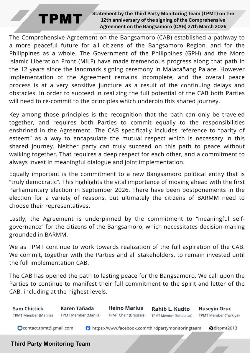 Tpmt2013's tweet photo. READ! Statement by the Third Party Monitoring Team (TPMT) on the 12th anniversary of the signing of the Comprehensive Agreement on the Bangsamoro (CAB) 27th March 2026 #CAB #BangsamoroPeaceProcess #TPMT @followers https://t.co/lyy8QanySw