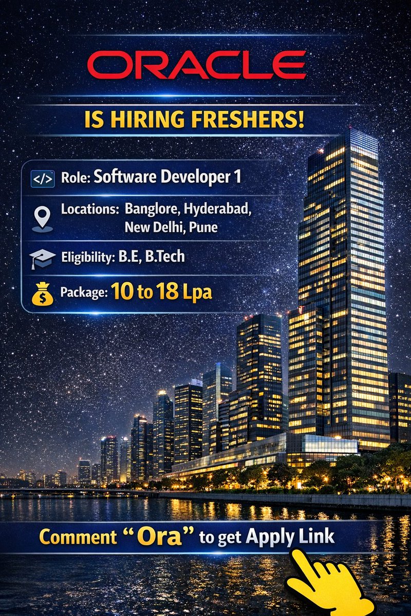 softwareduniyas's tweet image. #Fresher Openings for #Software Developer Roles:

🚨 Oracle is hiring #Freshers for #SoftwareDeveloper 1

📍 Bangalore | Hyderabad | New Delhi | Pune
🎓 Any Graduate / Post Graduate
💻 SDLC knowledge
🧠 Problem solving + communication
⏱ Shift flexibility required

Great