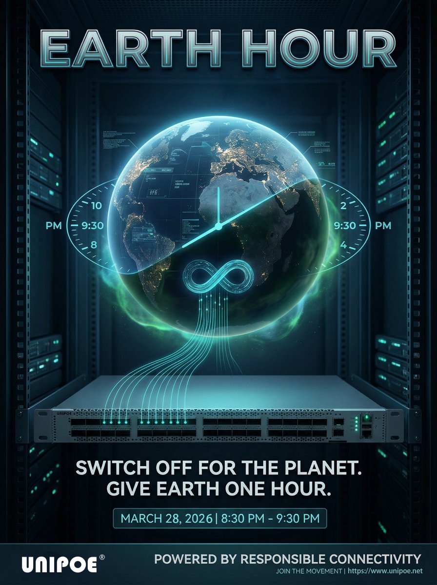 Power Off for One Hour: A promise for a greener future. UNIPOE’s data center switches use low-power chips for efficient low-carbon networking, cutting carbon footprint through tech innovation.