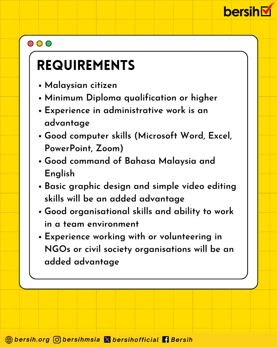 We're Hiring! Again..

BERSIH is looking for a Programme and Administration Officer to support the day-to-day operations of the organisation. This role is ideal for someone who is organised, proactive, and passionate about supporting meaningful work for democracy, clean