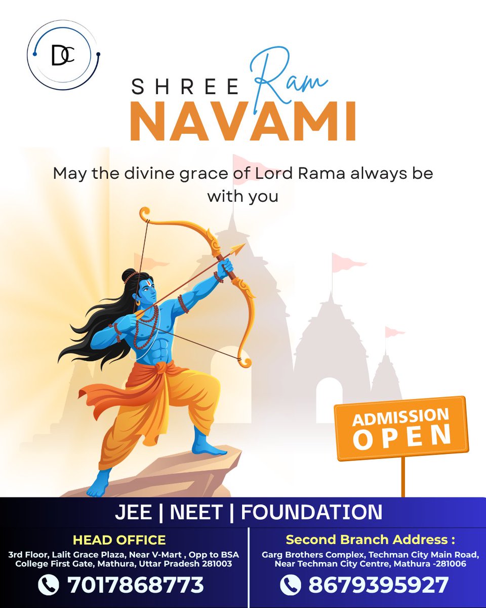 Dhriticlasses's tweet photo. On this holy day of Shree Ram Navami, take a step toward a victorious career! 
We are inviting students to join the Dhriti Classes family. With expert coaching and a dedicated environment, your dreams are within reach.
Admission Open!📞 Connect with us: 7017868773 
#RamNavami2026 https://t.co/9v1h1xZolS