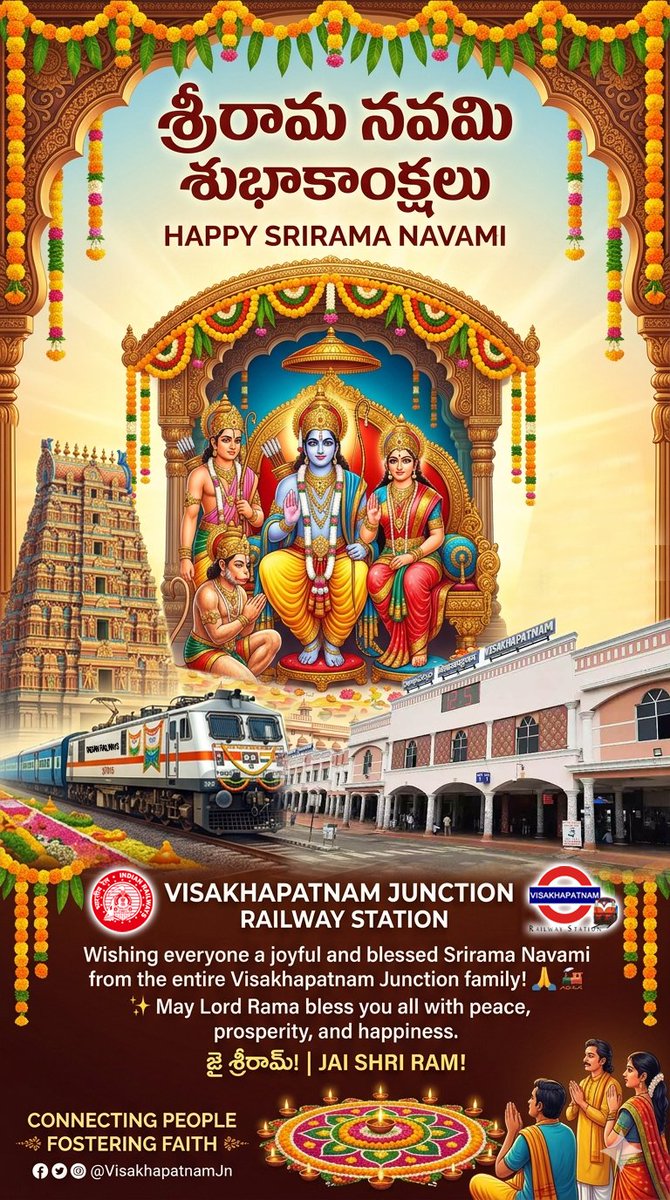 <a href="/ongole_railfan/">Ongole rail</a> <a href="/Visakhavaasi/">Anonymous🍥</a> <a href="/Chikudasji/">Chiku Das, Social Worker (Sabka Das- Chiku Das)</a> <a href="/_Waltair2911/">Random Guy</a> <a href="/shark_mendy/">VIZAG For ALL</a> <a href="/GopiKishorRaja2/">GopiKishorRaja</a> <a href="/VSKPJn/">Visakhapatnam Rail Users</a> <a href="/rail_fan_vskp/">Karun Induri-A Rf From VSKP🙏</a> <a href="/DRMWaltairECoR/">DRMWALTAIR</a> <a href="/drmvijayawada/">Vijayawada Division</a> <a href="/vizaginsight/">Vizag Insight</a> <a href="/Karthikjillella/">🅹🅺 ☯</a> <a href="/13Irvamsi/">RAGHUVAMSI_2002 🚄</a> <a href="/EastCoastRail/">East Coast Railway</a> <a href="/ravitejak07/">Raviteja</a> <a href="/GMSERAILWAY/">GM/SER</a> <a href="/SCRailwayIndia/">South Central Railway</a> <a href="/Eswararao2517/">❤Indian Rail Lover❤🚂🚋🚃🚋🚃🚋🚃❤</a> <a href="/RailMinIndia/">Ministry of Railways</a> <a href="/AshwiniVaishnaw/">Ashwini Vaishnaw</a> <a href="/VizagPanda/">VizagPanda</a> <a href="/eswarkanchu/">Eswar Kanchumurthi</a> <a href="/katam_ss/">Katam SS Chandra Rao</a> <a href="/UttamChakram/">సర్వే సంతు నిరామయాః</a> <a href="/CapitalofAndhra/">Vizag - True Capital of Andhra Pradesh</a> <a href="/VizagBrand/">#BrandVizag</a> <a href="/jinxed_jiggler/">Srinath Tudu</a> <a href="/saptagiriulaka/">Saptagiri Ulaka</a> <a href="/Odisha_Stories/">Odisha Stories</a> <a href="/odisha_tourism/">Odisha Tourism</a> <a href="/SWRRLY/">South Western Railway</a> <a href="/BJP4Andhra/">BJP ANDHRA PRADESH</a> <a href="/RailwaySeva/">RailwaySeva</a> <a href="/narendramodi/">Narendra Modi</a> <a href="/BJP4India/">BJP</a> <a href="/kishanreddybjp/">G Kishan Reddy</a> <a href="/drmsecunderabad/">DRM Secunderabad</a> <a href="/drmhyb/">Hyderabad Division</a> <a href="/PMOIndia/">PMO India</a> <a href="/DRMKhurdaRoad/">DRM KhurdaRoad</a> <a href="/DRMSambalpur/">DRMSambalpur</a> <a href="/DarshanaJardosh/">Darshana Jardosh</a> <a href="/AnupSatpathy/">Babu</a> <a href="/drmgnt/">Guntur Division</a> <a href="/Vskpism/">VISAKHAPATNAMISM</a> <a href="/serailwaykol/">South Eastern Railway</a> <a href="/RailNf/">Northeast Frontier Railway</a> Post : 518/25-26

"May the divine blessings of Lord Rama be with you today and always. From the heart of the City of Destiny to every corner of the nation, Visakhapatnam Jn wishes you a very Happy Srirama Navami! 📷📷

#SriramaNavami #VisakhapatnamJn #JaiShreeRam"