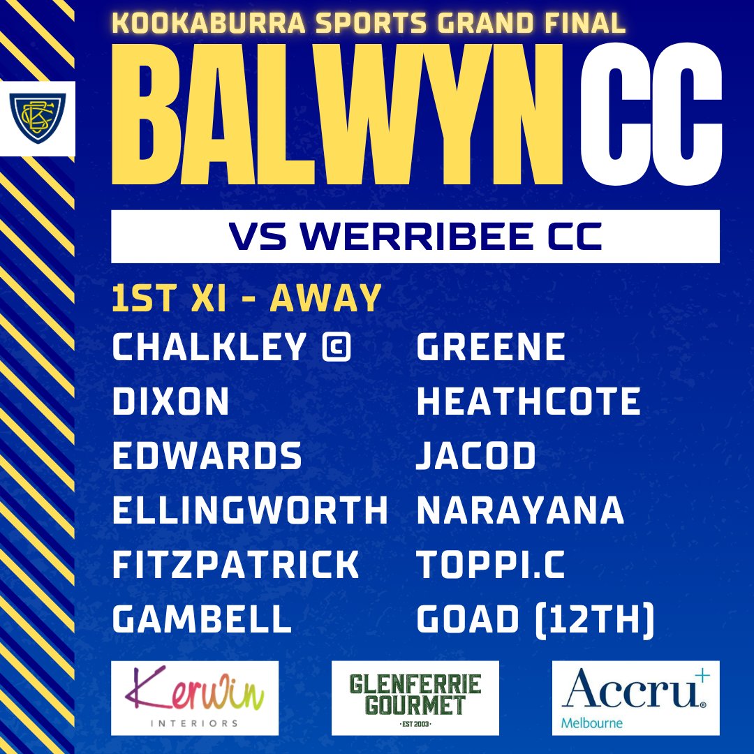BalwynCC's tweet photo. Congratulations to everyone selected to represent the Club in the 1st XI for the Grand Final. 

Be sure to be at Chirnside Park, Werribee this Saturday and Sunday to support the 1st XI in action 🐯 🚍🚍🚍

💛💙🐯🏏 https://t.co/JONQOq1Hbd