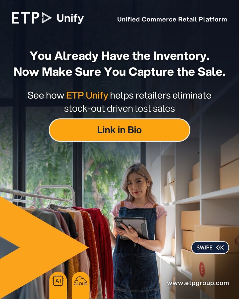 ETPGroup's tweet image. Customers leave because the system tells them the product isn’t available.

This post explores how unified inventory visibility helps retailers turn missed opportunities into completed sales.  

Full blog here: bit.ly/4sLzCuX

#ETPGroup #ETPUnify #Inventorymanagement