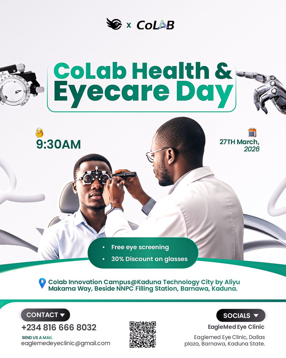 CoLab_kd's tweet image. This is your sign to stop ignoring your eye health. 
We’re bringing professional eye care closer to you tomorrow at 9:30AM. 

✅ Free Eye Screening
✅ 30% Off Glasses

Limited time. Real impact.
Tag someone who needs this! 

#Colabkd #HealthFirst #KadunaEvents