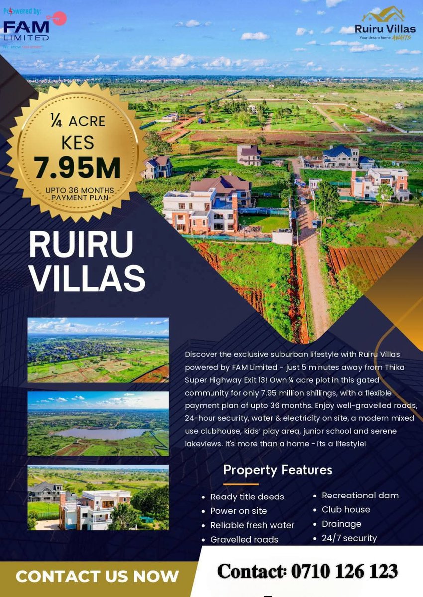 AvenaHomesKenya's tweet image. Prime Plots at Ruiru Villa
  𝐏𝐚𝐲𝐦𝐞𝐧𝐭 𝐎𝐩𝐭𝐢𝐨𝐧𝐬:
✔️ Cash payments 
✔️ Flexible Payment Plan UpTo 36months.

𝐂𝐨𝐧𝐭𝐚𝐜𝐭: 𝟎𝟕𝟏𝟎 𝟏𝟐𝟔 𝟏𝟐𝟑

#Avenahomes #Ruiruvillas #primeplots #Ruiru #Ruiruplots #KenyaInvestors #Residentialplots #realestate #KenyaHomes