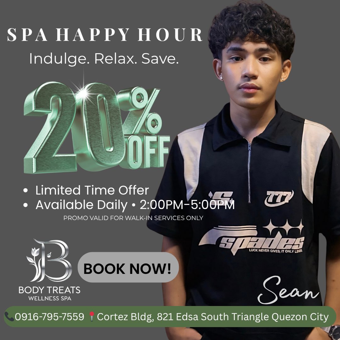 bodytreatsQC's tweet photo. Happy Hour is on. 💆‍♂️
Enjoy 20% OFF from 2PM–5PM—walk-in guests only. Relax, indulge, and save.

#SpaHappyHour #RelaxAndSave #BodyTreatsWellnessSpa https://t.co/BwzCiJzBXV