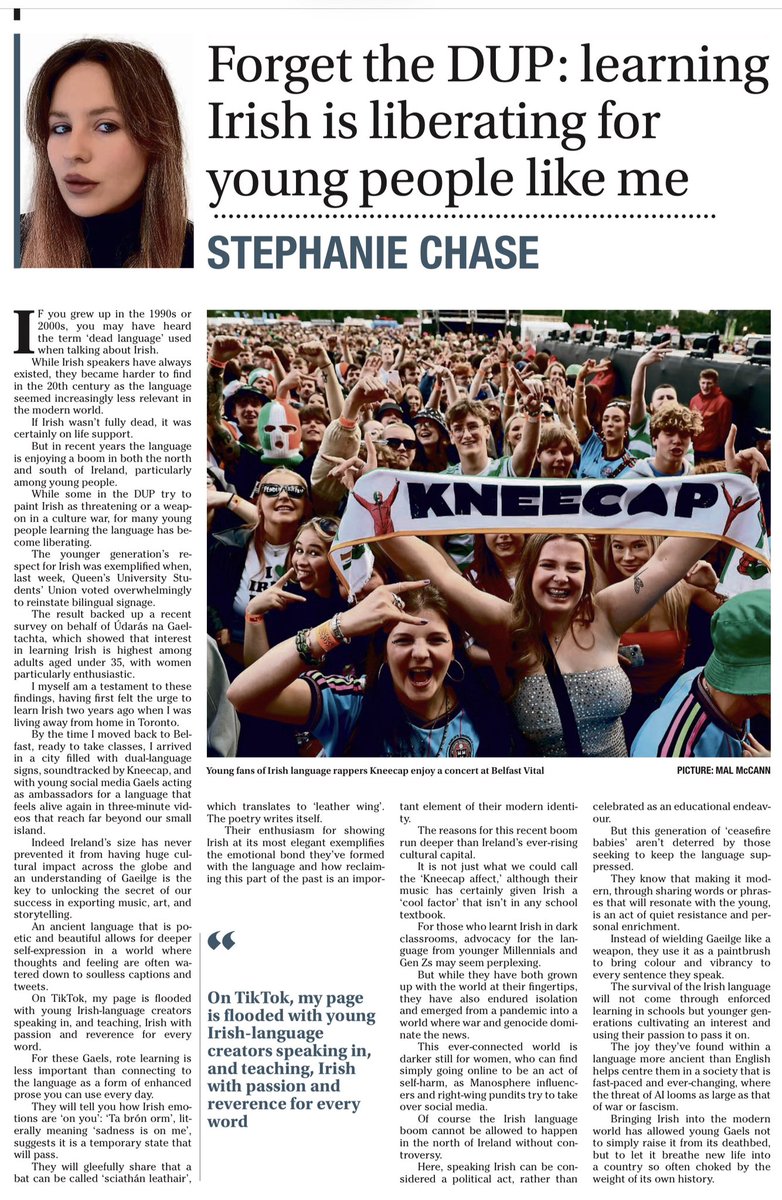 “While some in the DUP try to paint Irish as threatening or a weapon in a culture war, for many young people learning the language has become liberating”
~Stephanie Chase

The Irish News

☕️🥐