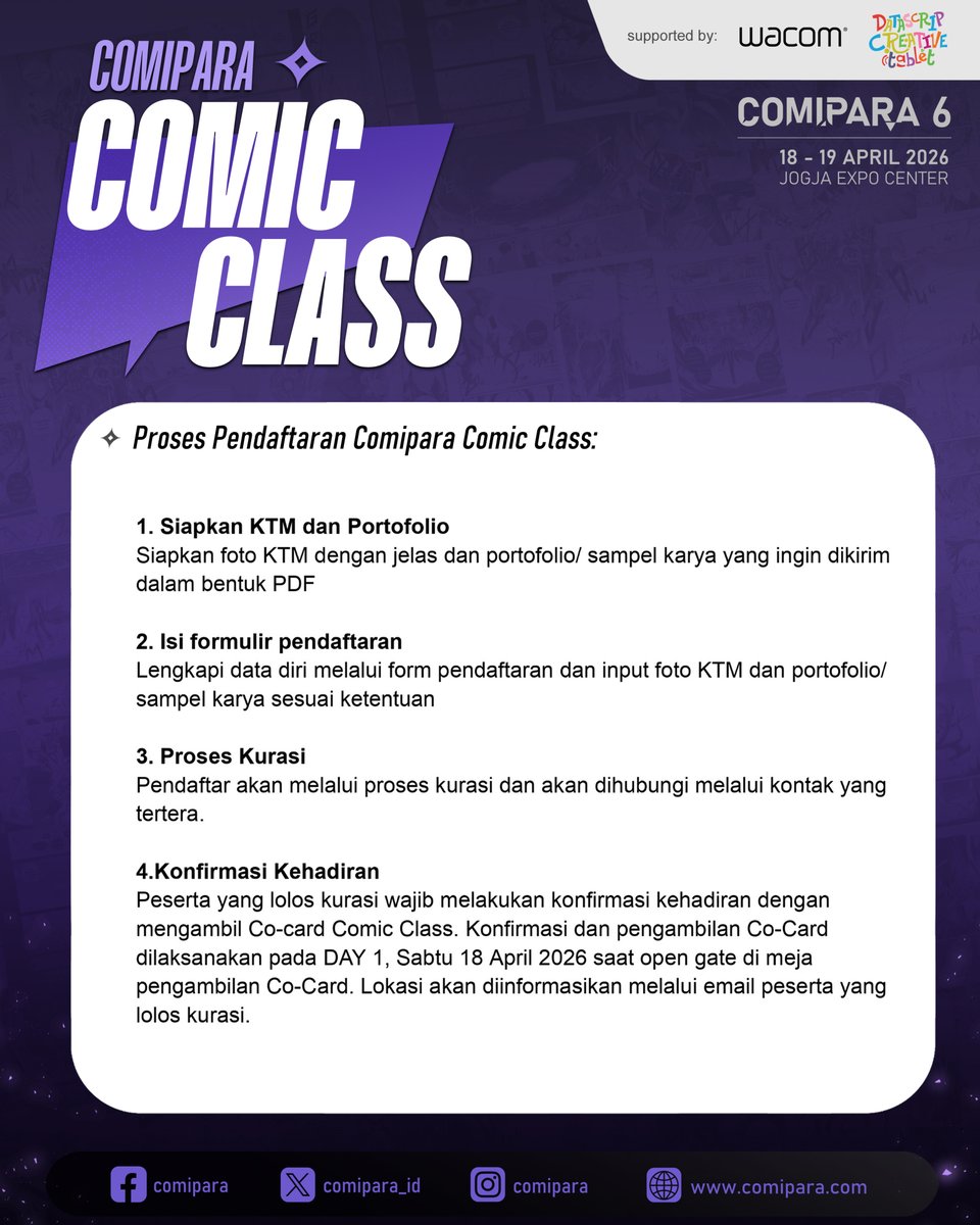 comipara_id's tweet image. Yuuuk semangat semuanyaaaa! Ara nggak sabar pingin ngajak temen-temen buat ikutan masuk ke serunya dunia komik! Hehehe~

Sampai ketemu di venue ✨

Comipara 6
18-19 April 2026
Jogja Expo Center

"Connect your passion!"

#comipara
#comicparadise
#comipara6
#comipara2026