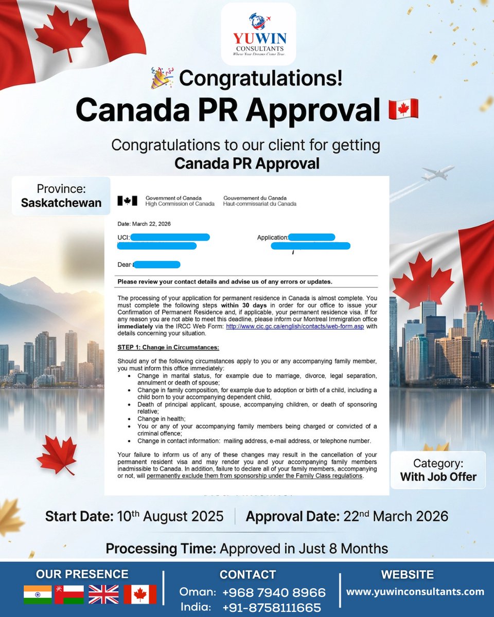 YuwinConsultant's tweet photo. 🔥 𝗗𝗢𝗨𝗕𝗟𝗘 𝗦𝗨𝗖𝗖𝗘𝗦𝗦 𝗜𝗡 𝗢𝗡𝗘 𝗗𝗔𝗬 – 𝗖𝗔𝗡𝗔𝗗𝗔 🇨🇦🍁 🔥

🎉 2 VISA APPROVALS | 22nd MARCH 2026 🎉
We are proud to share another milestone achieved by Team Yuwin 💼✨
🚀 Success is not luck, it’s the result of the right guidance &amp; trust https://t.co/oji0229wso