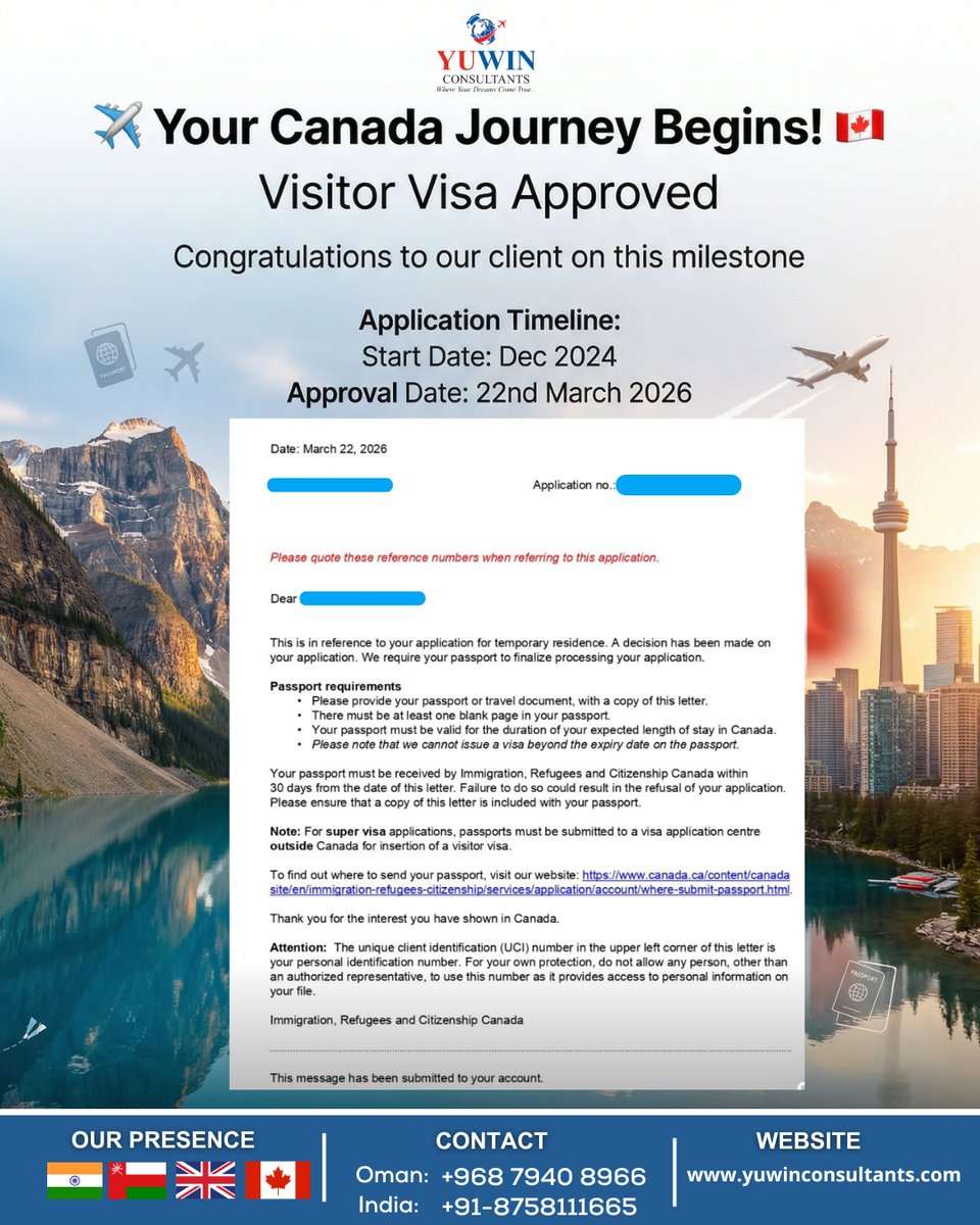 YuwinConsultant's tweet photo. 🔥 𝗗𝗢𝗨𝗕𝗟𝗘 𝗦𝗨𝗖𝗖𝗘𝗦𝗦 𝗜𝗡 𝗢𝗡𝗘 𝗗𝗔𝗬 – 𝗖𝗔𝗡𝗔𝗗𝗔 🇨🇦🍁 🔥

🎉 2 VISA APPROVALS | 22nd MARCH 2026 🎉
We are proud to share another milestone achieved by Team Yuwin 💼✨
🚀 Success is not luck, it’s the result of the right guidance &amp; trust https://t.co/oji0229wso
