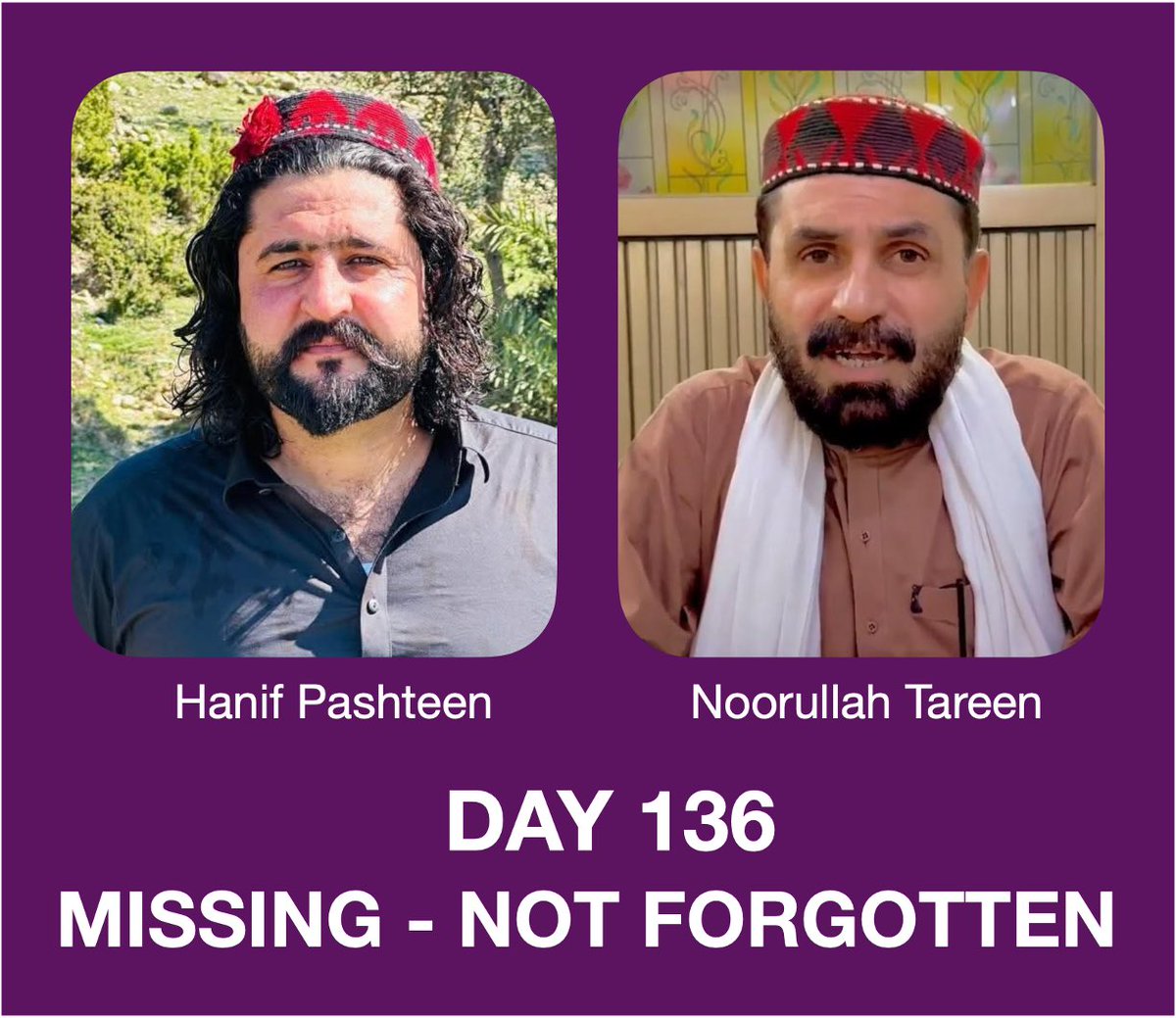 samanthaleaning's tweet photo. MISSING, NOT FORGOTTEN - Day 136 - 27th March 2026

The rule of law and fundamental human rights require that every person’s legal status be clear.

Enforced disappearance of Noorullah Tareen and Hanif Pashteen undermines these principles. 

Authorities must either produce them in court or return them safely to their families.

@PTIKPOfficial @FCDOGovUK @ukinpakistan @KaroblisR @DanielZeichner @YvetteCooperMP @amnestysasia @dawn_com @SohailAfridiISF @HFalconerMP @AusHCPak @Europarl_EN @EUPakistan @JennyChapman @ForeignOfficePk @CSKPOfficial @bbcworldservice @BBCWorld @OfficialDGISPR @caroline_gm_d @PakistaninUK @volker_turk

#WhereIsNoorUllahTareen #WhereIsHanifPashteen
#WhereIsPTMDelegation #EndEnforcedDisappearances
