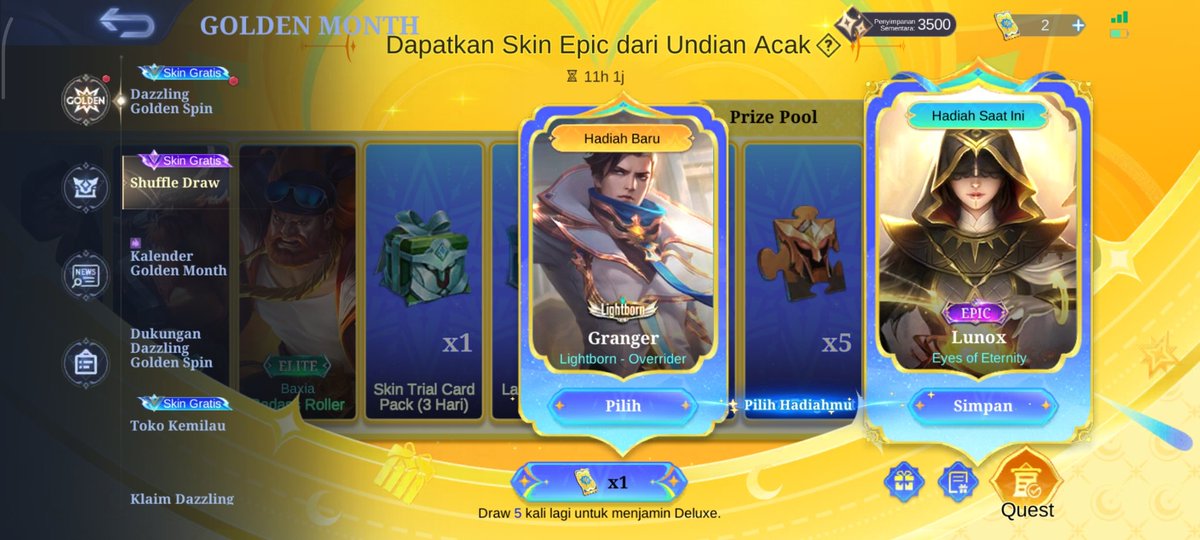 0xdyrroth's tweet photo. Ga ada skin novaria, lunox pun jarang make
Granger jarang juga tapi mahalan granger, ya udahlah kapan lagi
Ganti aja ke granger
Shuffle Draw Mlbb https://t.co/LVvefTiLkA