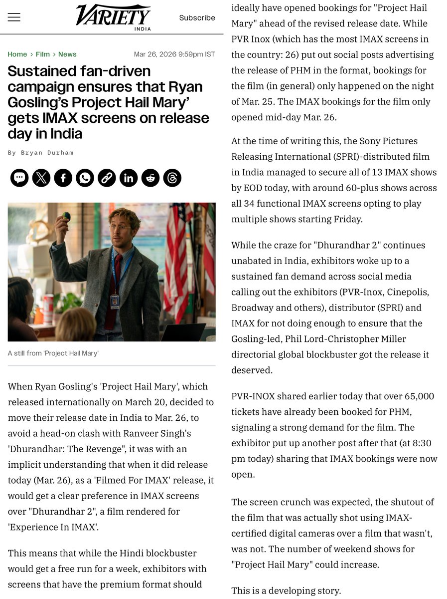 beastoftraal's tweet photo. Yesterday, I tried to look for IMAX shows of 'Project Hail Mary' (a movie specifically filmed for IMAX) in Bengaluru. Across both District and BookMyShow, all I could find were 2D and 4DX versions. No IMAX anywhere in the city at all. All through weekend! Half-hearted I booked tickets for a 2D show on Sunday.

Later in the evening yesterday, I came to know that there was a sustained clamour by fans all through the day to get IMAX shows for the movie in India. And it finally happened only later in the day, after I booked my uncancellable tickets. And yes, most of the shows are fully booked immediately, so even if I want to forget my earlier booking/amount and try booking for IMAX again, no luck.

Amidst all this comes the pugnacious reaction from the Vice President of IMAX Corporation (India, SE Asia, Korea, Australia and NZ), responding to mild fan frustration (Dev's post + GIF).

There are passionate cinephiles (some traveling across cities like Chandigarh to Delhi) waiting, with excitement high, and then… radio silence or delays on the actual IMAX listings. That's genuinely annoying when you're paying premium for a premium format.

But, instead of a professional, purposeful reply, Preetham goes full defensive mode:

"We cant tell you what happened (as much as you think you have the right to know)" is condescending gatekeeping.

"Stop pretending to be an authority" is dismissing customers as if they're random trolls!

"Don’t think I’m here to address your tantrums!" is straight-up hostile!!

Even if there were legitimate behind-the-scenes issues, senior executives do not talk to paying enthusiasts like that. These are the exact people who make IMAX screenings viable in India... the ones who drive demand, travel, and evangelize the format.

The replies in the thread prove it backfired hard: most are calling it arrogant, unprofessional, a "bad look," or worse. A few fans tried to de-escalate politely ("we were just worried, thanks for making it happen"), and Preetham gave them curt "All good!" or "Got it thanks"... which is all fine, but he doubled down or laughed off the criticism from others. Definitely not a good look for IMAX's customer-facing image.

This is classic "exec on Twitter/X who forgot the audience pays the bills" energy. In entertainment/tech, especially in hyper-passionate markets like Indian cinema audiences, tone matters. You can be firm without being rude. You can protect internal info without sounding like you're doing the fans a favor. Right now it reads like entitlement from the supply side when the demand side is the one shelling out for tickets and hyping the experience.

If I were advising IMAX corporate comms, I'd tell them to get this guy off the front lines or at least coach him on brand voice. The movie will still screen, but this kind of exchange leaves a sour taste that lingers longer than any technical delay.

#corporatecommunication #PR #publicrelations