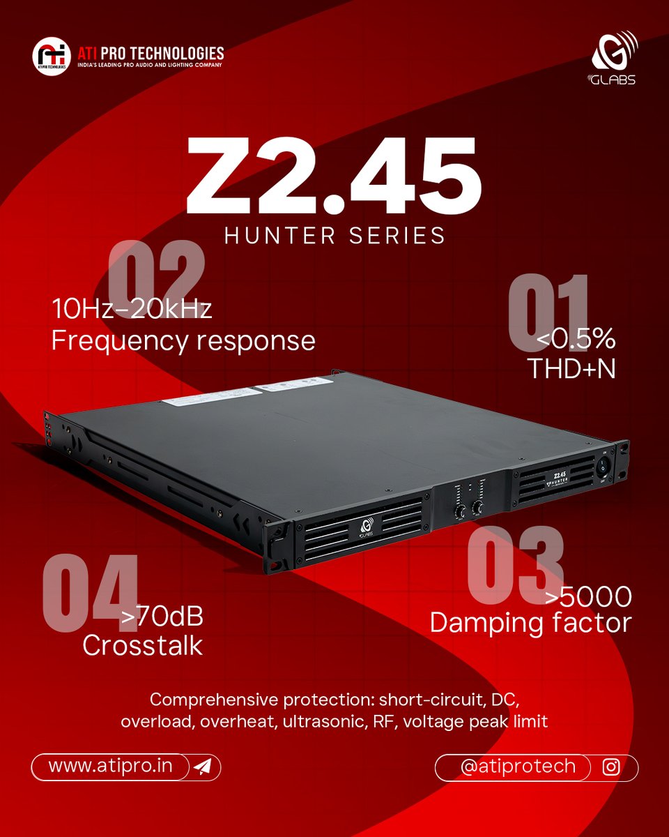 atiprotech's tweet image. Power meets performance 🔊Introducing GLABS Z 2.45 Amplifier built for heavy-duty DJ setups with massive output, crystal-clear sound &amp;amp; rock-solid stability. Perfect for concerts &amp;amp; big events. 🚀#ATIPro #GLABS #PowerAmplifier #ProAudio #DJSetup